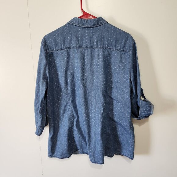 Apt 9 Womens Denim Chambray Polka Dot Button Up Shirt XL Roll Tab Sleeves Cotton - Picture 6 of 10